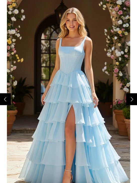 PromGirl Dresses & Skirts - PromGirl Light Blue Tiered Ruffle Prom Dress with Square Neck